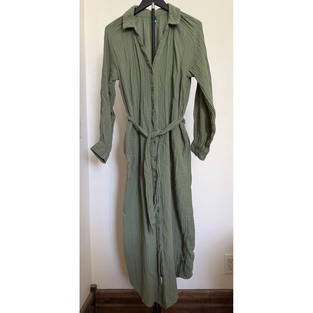 Old Navy Sage Green Crinkle Gauze Long Sleeve Midi Shirt Dress M 100% Cotton
